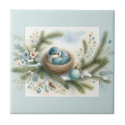 Bluebird Nest with Ornaments in Winter Pines Tegeltje (Voorkant)