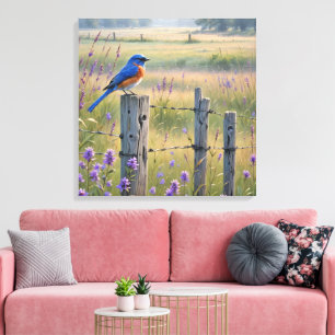 Bluebird op een hek post canvas afdruk