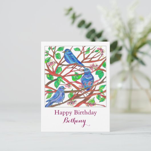Bluebird tekening aangepaste naam Happy Birthday Briefkaart (Staand voorkant)