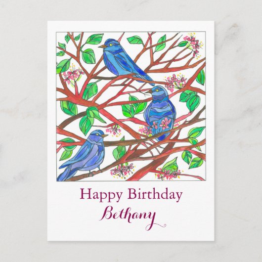 Bluebird tekening aangepaste naam Happy Birthday Briefkaart (Voorkant)