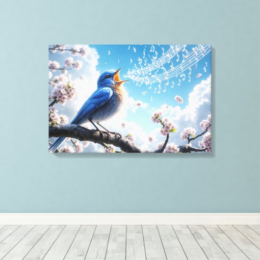 Bluebird zingen op een Cherry Tree Branch Canvas Afdruk (Insitu (Houten vloer))