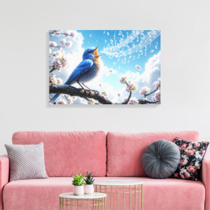 Bluebird zingen op een Cherry Tree Branch Canvas Afdruk