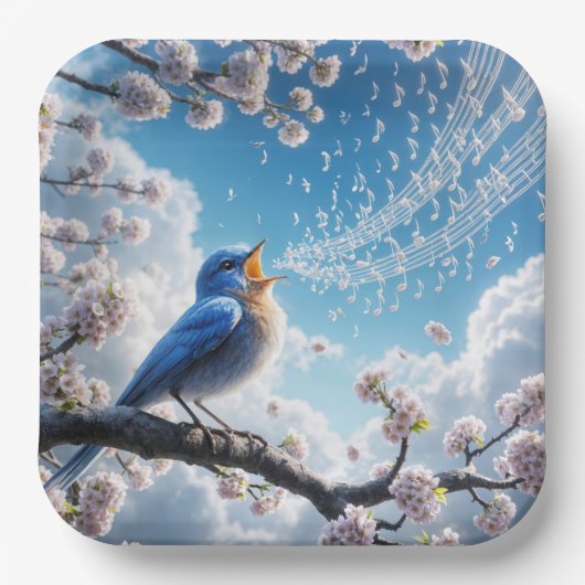 Bluebird zingen op een Cherry Tree Branch Papieren Bordje (Voorkant)