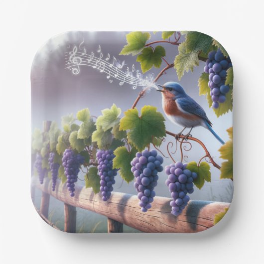 Bluebird zingt op een Grapevine Papieren Bordje (Voorkant)