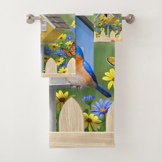 Bluebirds Goldfinches Birdhouses Jardin aux fleurs (En situation)