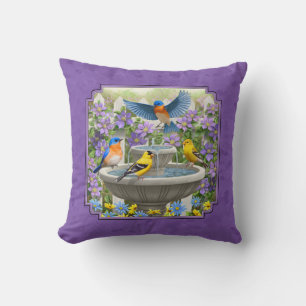 Bluebirds Goldfinches Flower Garden Bath Paarse Kussen