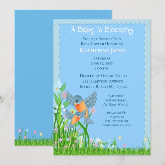 Bluebirds Mama et Bébé/Baby shower Invitation (Devant / Derrière)
