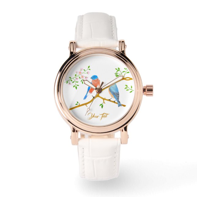Bluebirds Roos gouden  horloge met witte band (Voorkant)