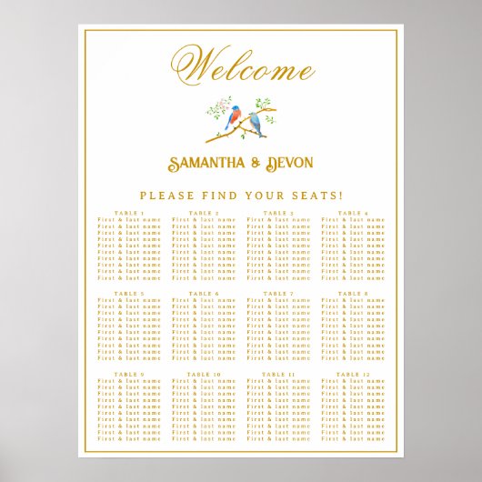 Bluebirds Wedding Seating Chart Poster (Voorkant)