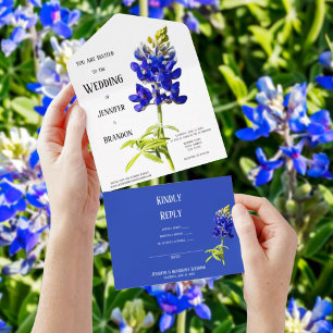 Bluebonnet Bloemen op Wit, Trouwen All In One Uitnodiging