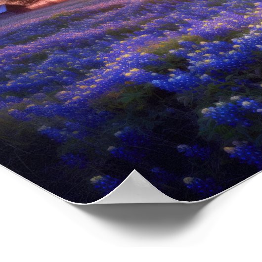 Bluebonnet Field op Sunset met Old Barn en Tree Poster (Hoek)