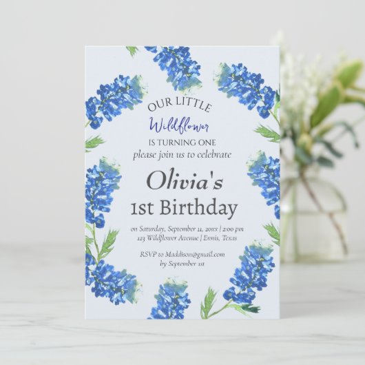 Bluebonnets 1e Verjaardag Blauwe Bloemen Kaart (Staand voorkant)