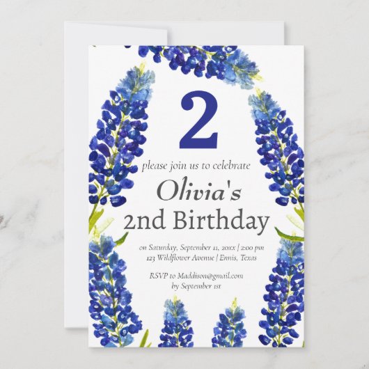 Bluebonnets 2e verjaardag Blauwe Bloemen Kaart (Voorkant)