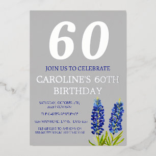 Bluebonnets 60e verjaardag Blauwe bloemen Texas Go Folie Uitnodiging