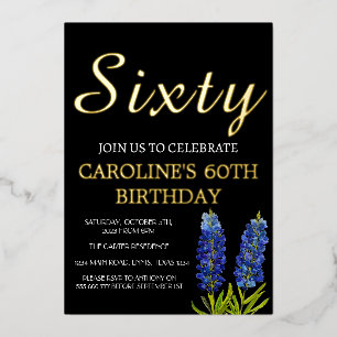 Bluebonnets 60ste Verjaardag Blauw Goud Chic Glamo Folie Uitnodiging