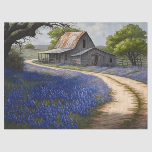Bluebonnets and Old Barn in Texas Decoupage Tissuepapier (Voorkant)