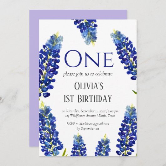 Bluebonnets Eerste Verjaardag Blauwe Bloemen Verja Kaart (Voorkant / Achterkant)