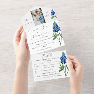 Bluebonnets Texas Blauw Bloemen Foto Bruiloft All In One Uitnodiging