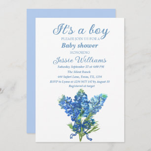 Bluebonnets Texas Floral Blue Bow Baby Boy Shower Kaart