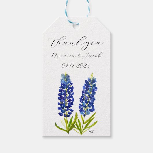 Bluebonnets Texas Waterverf Blauw Bloemen Bruiloft Cadeaulabel (Voorkant)