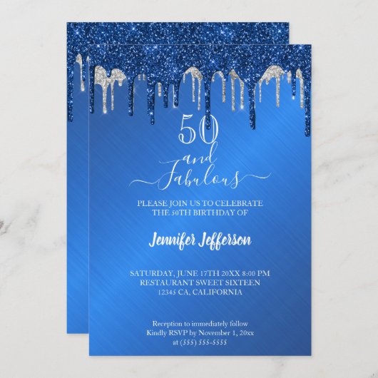 BlueGlitter Silver dripping Birthday Uitnodiging (Voorkant / Achterkant)
