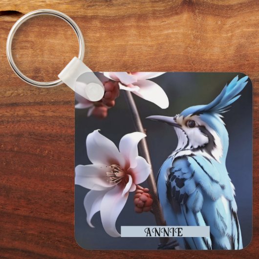 Bluejay en Bloemen Aangepaste naam Sleutelhanger (Voorkant)