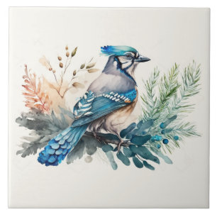 Bluejay op een tak Waterverf Tegeltje