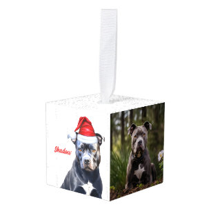 Bluenose Pitbull Hond Twee Foto Kerstvakantie Kubus Ornament