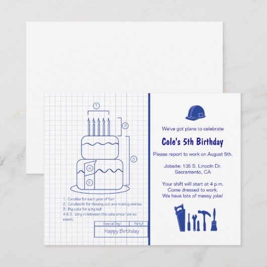 Blueprint Birthday Invitation Kaart (Voorkant / Achterkant)