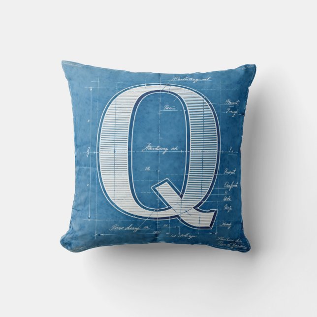 Blueprint Monogram Letter Q Kussen (Voorkant)