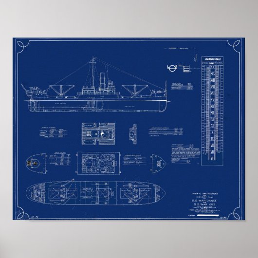 Blueprint of Lake Freighter SS War Dance Print (Voorkant)