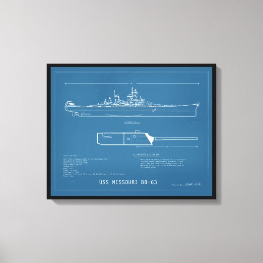Blueprint USS Missouri BB-63 Canvas Afdruk (Voorkant)