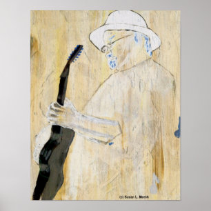 Blues Guitarist Painting in Oranje en bladert Poster