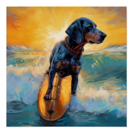 Bluetick Coonhound Beach Surfen schilderij Perfect Poster (Voorkant)