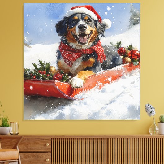 Bluetick Coonhound Dog in Sledge Christmas Canvas Afdruk (Insitu (Woonkamer))