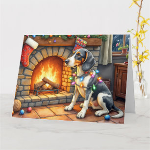 Bluetick Coonhound Haard met Kerstverlichting Kaart