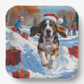 Bluetick Coonhound Hardlopen in de sneeuw met Kers Papieren Bordje (Voorkant)