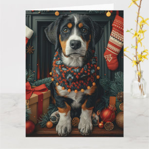 Bluetick Coonhound met kerstcadeaus open haard Kaart