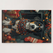 Bluetick Coonhound met kerstcadeaus open haard Legpuzzel (Horizontaal)