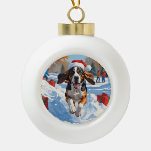 Bluetick Coonhound Rent door Sneeuw met Kerstmis Keramische Bal Ornament