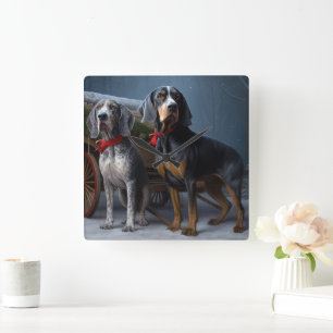 Bluetick Coonhound Snowy Sleigh Kerst Decor Vierkante Klok
