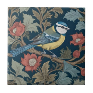 Bluetit William Morris stijl Rechter Vogel Blauw T Tegeltje