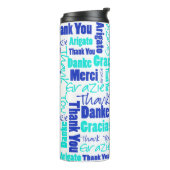 BlueTurquoise Multilingual Dank u wel Typografie Thermosbeker (Gedraaid links)
