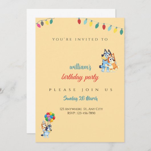 Bluey Birthday invitation for kids - Editable (Devant / Derrière)