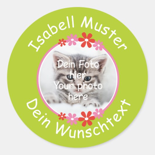 Blumen rot rosa | Fotoaufkleber grün Ronde Sticker (Voorkant)