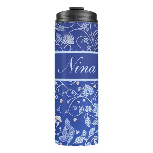 Blumenmuster blau, hellblau thermosbeker (Voorkant)