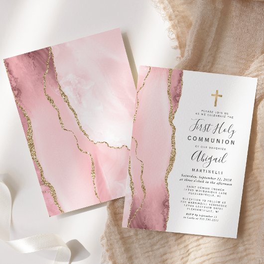 Blush Agate Gold Glitter First Heilige Communie Kaart
