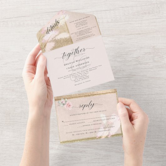 Blush and Gold Pampas Grass Wedding All In One Uitnodiging (Afscheurbaar)