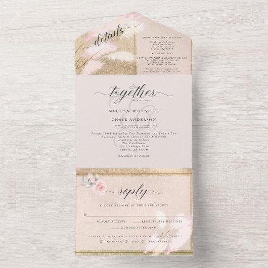 Blush and Gold Pampas Grass Wedding All In One Uitnodiging (Binnen)