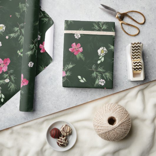 Blush and green kerstWaterverf Flowers Cadeaupapier (Crafts)